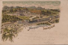 Traunstein-Litho-W.A-Hubers-Hoellbraeukeller-Eisenbahn-gel.-1921